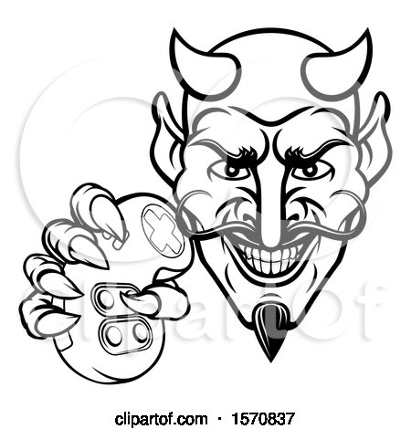 Clipart of a Black and White Grinning Evil Devil Holding a Video Game Controller - Royalty Free Vector Illustration by AtStockIllustration