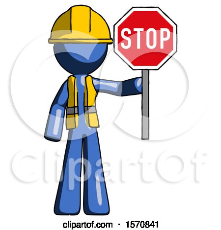 Blue Construction Worker Contractor Man Holding Stop Sign by Leo Blanchette