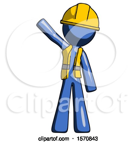 Blue Construction Worker Contractor Man Waving Emphatically with Right Arm by Leo Blanchette