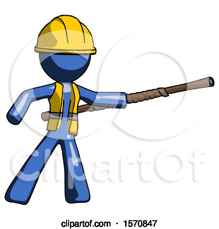 Blue Construction Worker Contractor Man Bo Staff Pointing Right Kung Fu Pose by Leo Blanchette