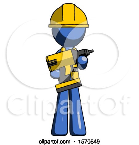 Blue Construction Worker Contractor Man Holding Large Drill by Leo Blanchette