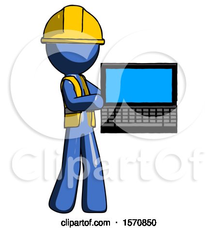 Blue Construction Worker Contractor Man Holding Laptop Computer Presenting Something on Screen by Leo Blanchette