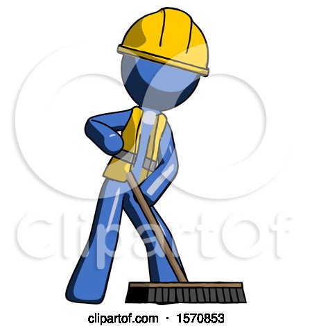 Blue Construction Worker Contractor Man Cleaning Services Janitor Sweeping Floor with Push Broom by Leo Blanchette