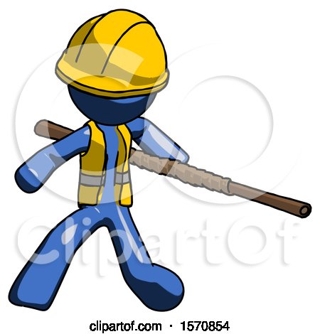 Blue Construction Worker Contractor Man Bo Staff Action Hero Kung Fu Pose by Leo Blanchette
