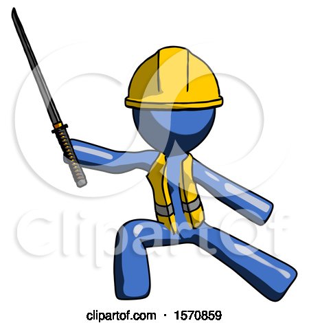 Blue Construction Worker Contractor Man with Ninja Sword Katana in Defense Pose by Leo Blanchette