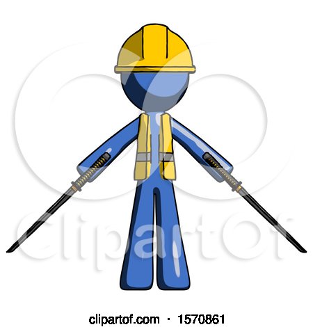 Blue Construction Worker Contractor Man Posing with Two Ninja Sword Katanas by Leo Blanchette