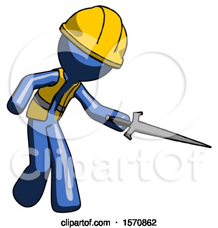 Blue Construction Worker Contractor Man Sword Pose Stabbing or Jabbing by Leo Blanchette