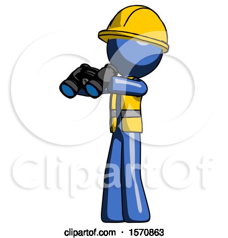 Blue Construction Worker Contractor Man Holding Binoculars Ready to Look Left by Leo Blanchette