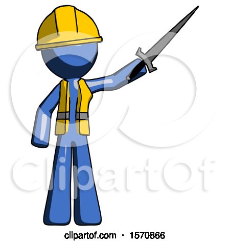 Blue Construction Worker Contractor Man Holding Sword in the Air Victoriously by Leo Blanchette