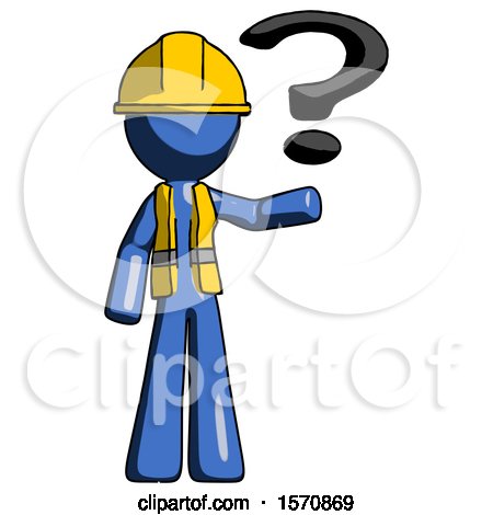 Blue Construction Worker Contractor Man Holding Question Mark to Right by Leo Blanchette
