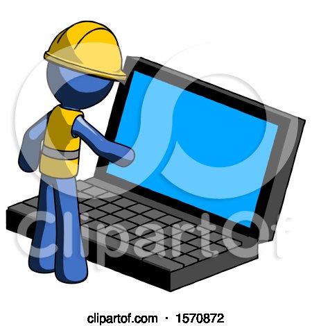 Blue Construction Worker Contractor Man Using Large Laptop Computer by Leo Blanchette