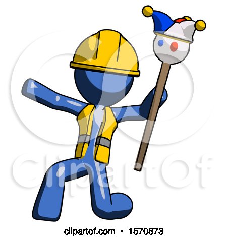 Blue Construction Worker Contractor Man Holding Jester Staff Posing Charismatically by Leo Blanchette