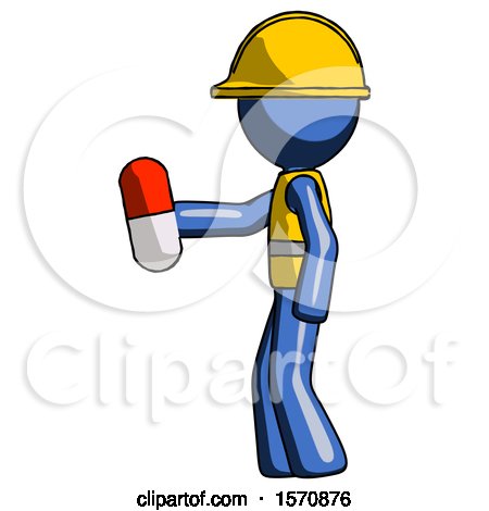 Blue Construction Worker Contractor Man Holding Red Pill Walking to Left by Leo Blanchette