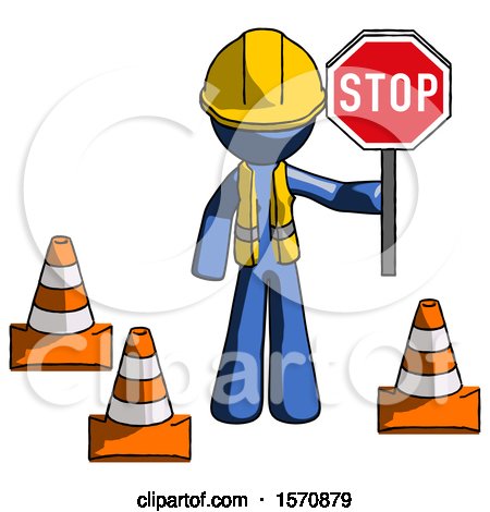 Blue Construction Worker Contractor Man Holding Stop Sign by Traffic Cones Under Construction Concept by Leo Blanchette