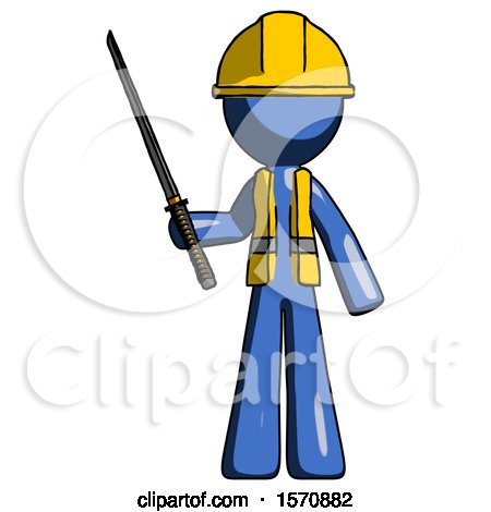 Blue Construction Worker Contractor Man Standing up with Ninja Sword Katana by Leo Blanchette