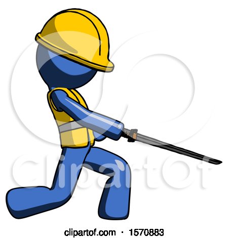 Blue Construction Worker Contractor Man with Ninja Sword Katana Slicing or Striking Something by Leo Blanchette