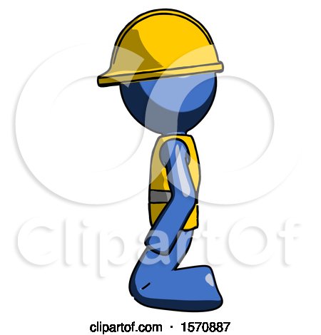 Blue Construction Worker Contractor Man Kneeling Left by Leo Blanchette