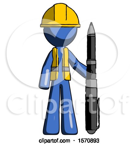 Blue Construction Worker Contractor Man Holding Large Pen by Leo Blanchette