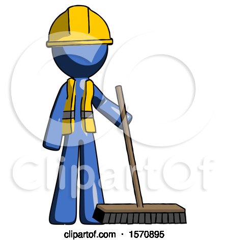 Blue Construction Worker Contractor Man Standing with Industrial Broom by Leo Blanchette