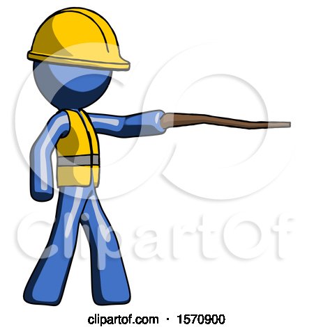 Blue Construction Worker Contractor Man Pointing with Hiking Stick by Leo Blanchette