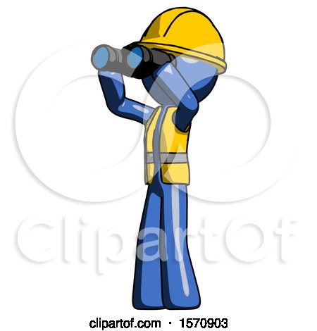 Blue Construction Worker Contractor Man Looking Through Binoculars to the Left by Leo Blanchette