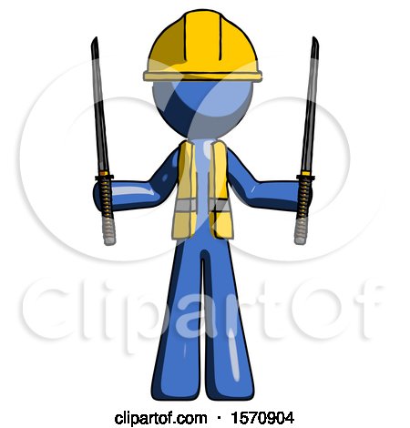 Blue Construction Worker Contractor Man Posing with Two Ninja Sword Katanas up by Leo Blanchette