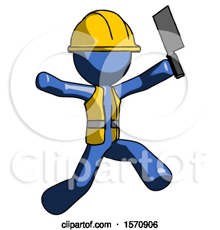 Blue Construction Worker Contractor Man Psycho Running with Meat Cleaver by Leo Blanchette