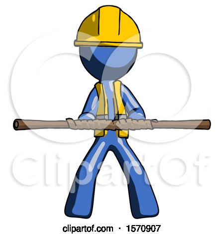 Blue Construction Worker Contractor Man Bo Staff Kung Fu Defense Pose by Leo Blanchette