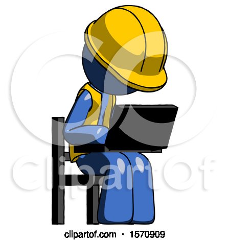 Blue Construction Worker Contractor Man Using Laptop Computer While Sitting in Chair Angled Right by Leo Blanchette