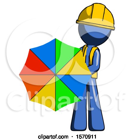 Blue Construction Worker Contractor Man Holding Rainbow Umbrella out to Viewer by Leo Blanchette