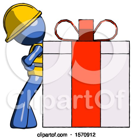 Blue Construction Worker Contractor Man Gift Concept - Leaning Against Large Present by Leo Blanchette