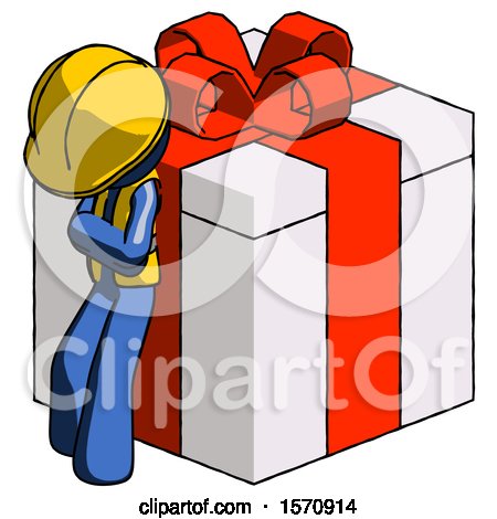 Blue Construction Worker Contractor Man Leaning on Gift with Red Bow Angle View by Leo Blanchette