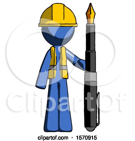 Blue Construction Worker Contractor Man Holding Giant Calligraphy Pen by Leo Blanchette