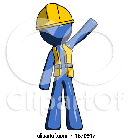Blue Construction Worker Contractor Man Waving Emphatically with Left Arm by Leo Blanchette
