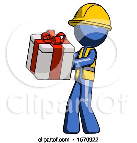 Blue Construction Worker Contractor Man Presenting a Present with Large Red Bow on It by Leo Blanchette