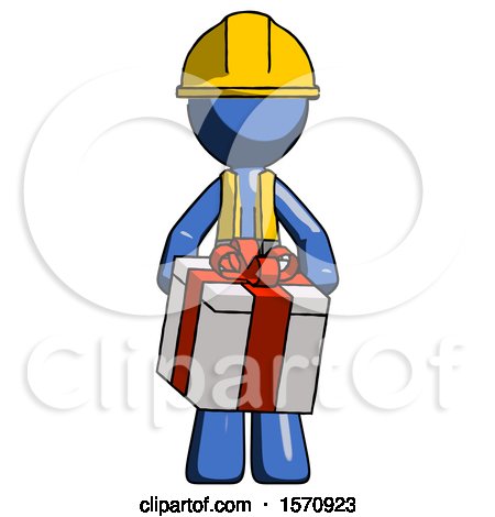 Blue Construction Worker Contractor Man Gifting Present with Large Bow Front View by Leo Blanchette