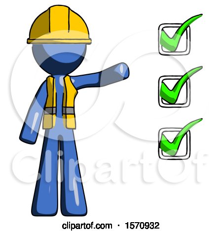 Blue Construction Worker Contractor Man Standing by List of Checkmarks by Leo Blanchette