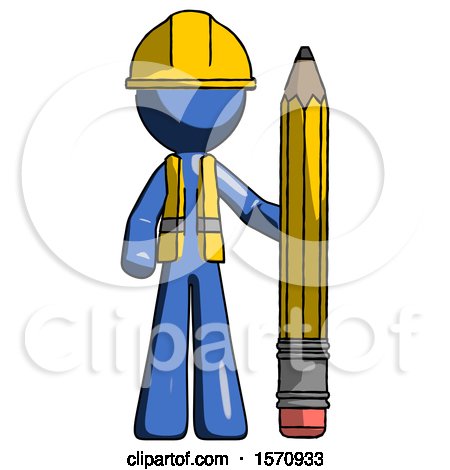 Blue Construction Worker Contractor Man with Large Pencil Standing Ready to Write by Leo Blanchette