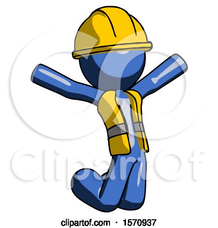 Blue Construction Worker Contractor Man Jumping or Kneeling with Gladness by Leo Blanchette