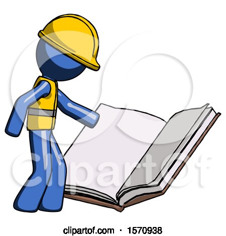 Blue Construction Worker Contractor Man Reading Big Book While Standing Beside It by Leo Blanchette