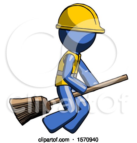 Blue Construction Worker Contractor Man Flying on Broom by Leo Blanchette