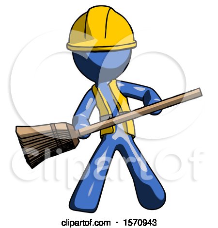 Blue Construction Worker Contractor Man Broom Fighter Defense Pose by Leo Blanchette