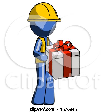 Blue Construction Worker Contractor Man Giving a Present by Leo Blanchette