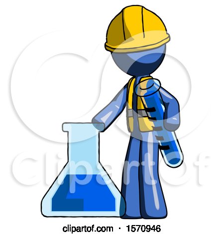 Blue Construction Worker Contractor Man Holding Test Tube Beside Beaker or Flask by Leo Blanchette