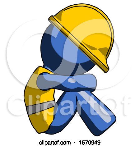 Blue Construction Worker Contractor Man Sitting with Head down Facing Sideways Right by Leo Blanchette