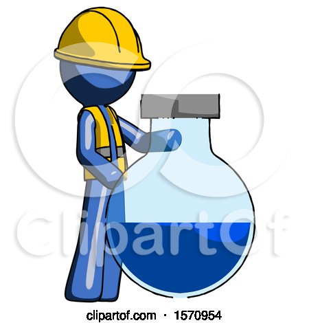 Blue Construction Worker Contractor Man Standing Beside Large Round Flask or Beaker by Leo Blanchette