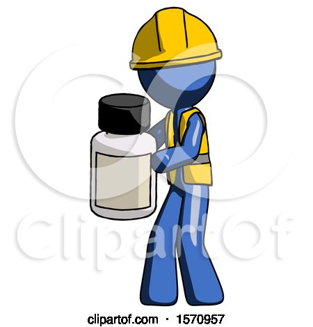Blue Construction Worker Contractor Man Holding White Medicine Bottle by Leo Blanchette