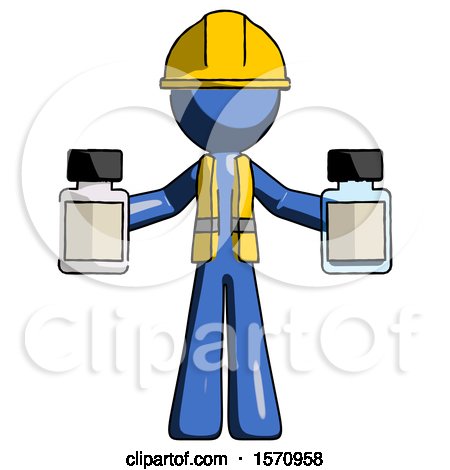 Blue Construction Worker Contractor Man Holding Two Medicine Bottles by Leo Blanchette