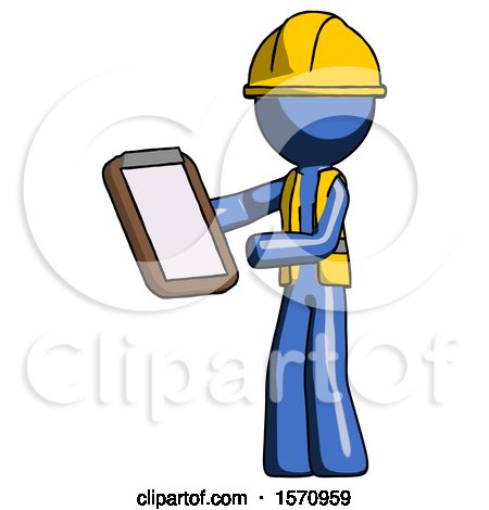 Blue Construction Worker Contractor Man Reviewing Stuff on Clipboard by Leo Blanchette