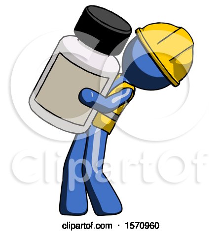 Blue Construction Worker Contractor Man Holding Large White Medicine Bottle by Leo Blanchette